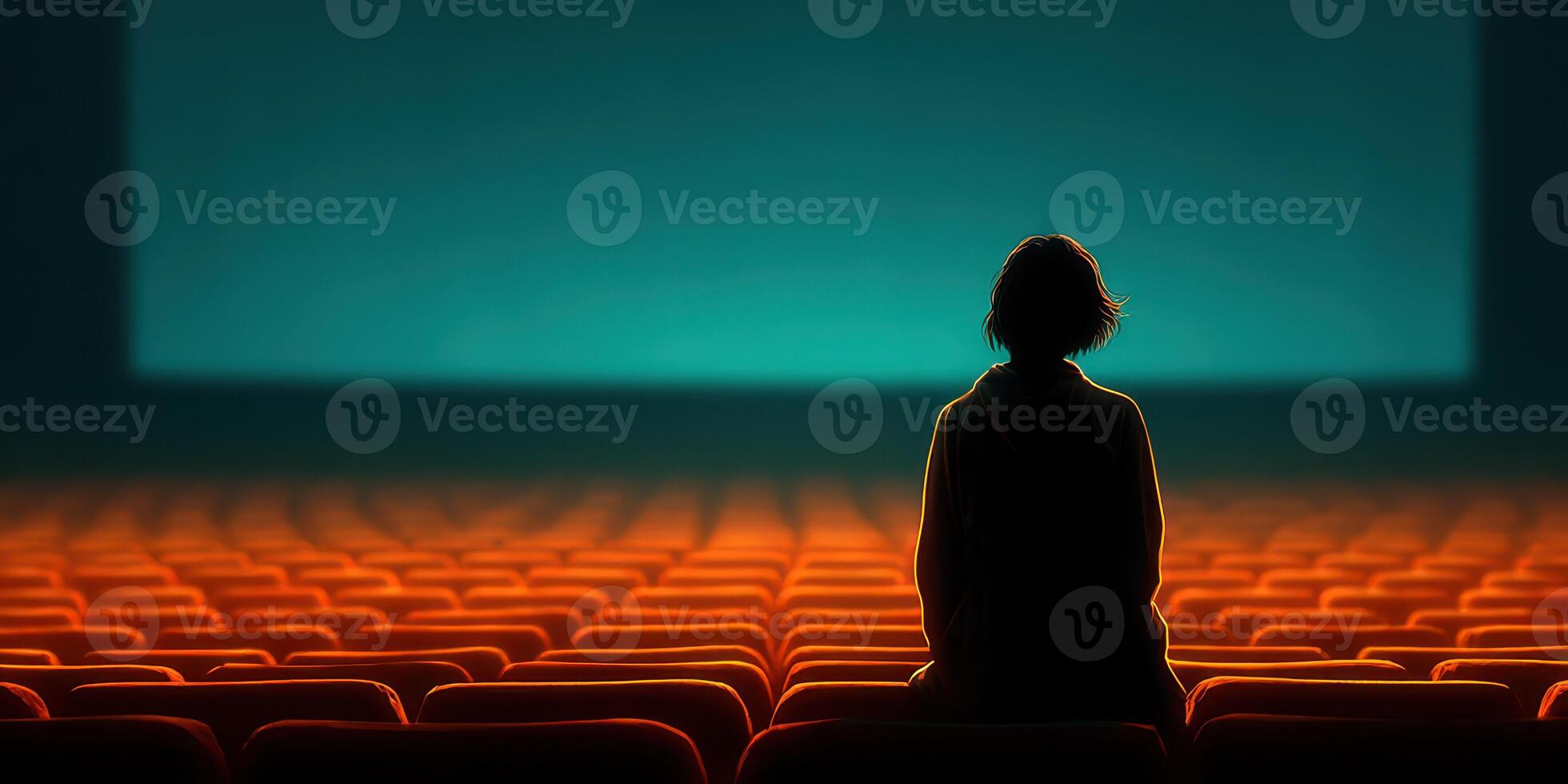 Person seated alone in an empty theater watching a blank screen during a quiet evening photo