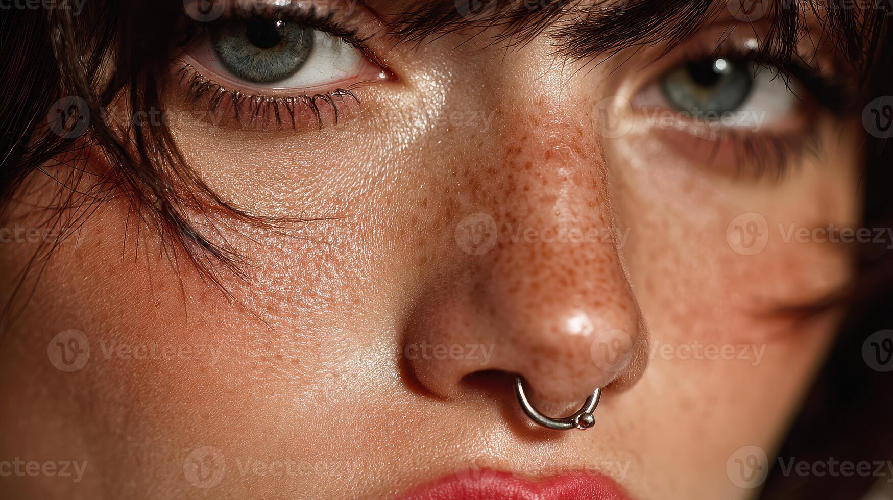 Close-up of a person with freckles and a septum piercing showcasing natural beauty and distinctive features in bright lighting photo