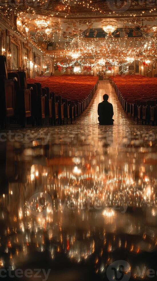 Reflection in a grand theater with sparkling lights illuminating empty seats and a solitary figure photo