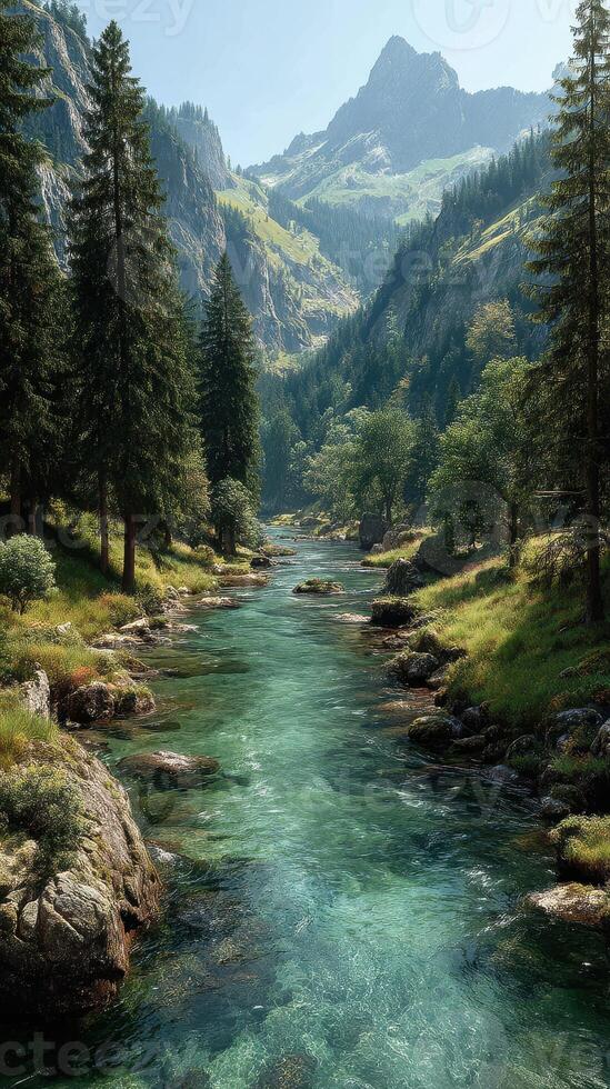 Serene emerald river flows through a lush valley surrounded by mountains in daytime photo