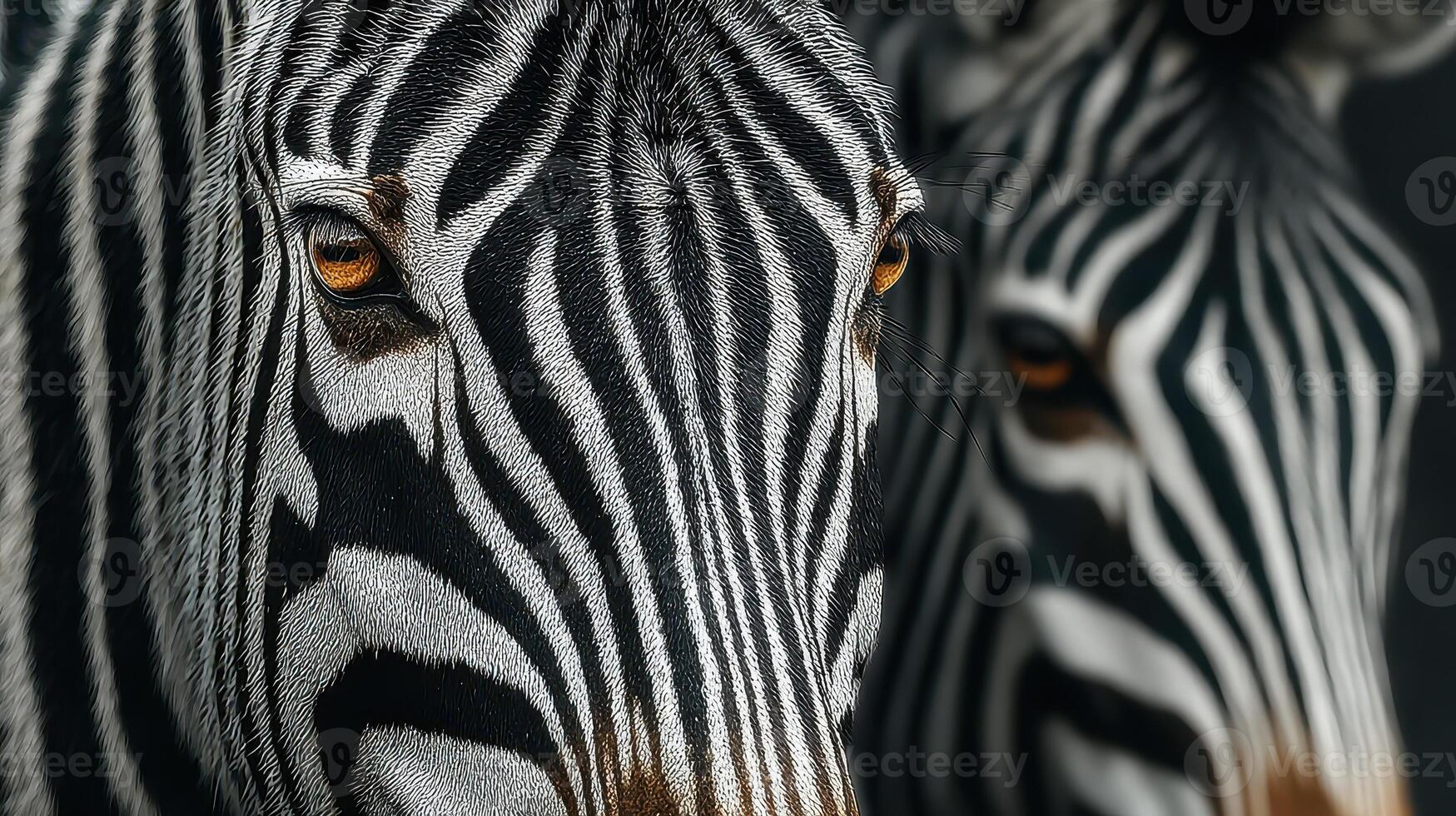 Close-up of two zebras with striking patterns in a natural setting during daylight hours photo