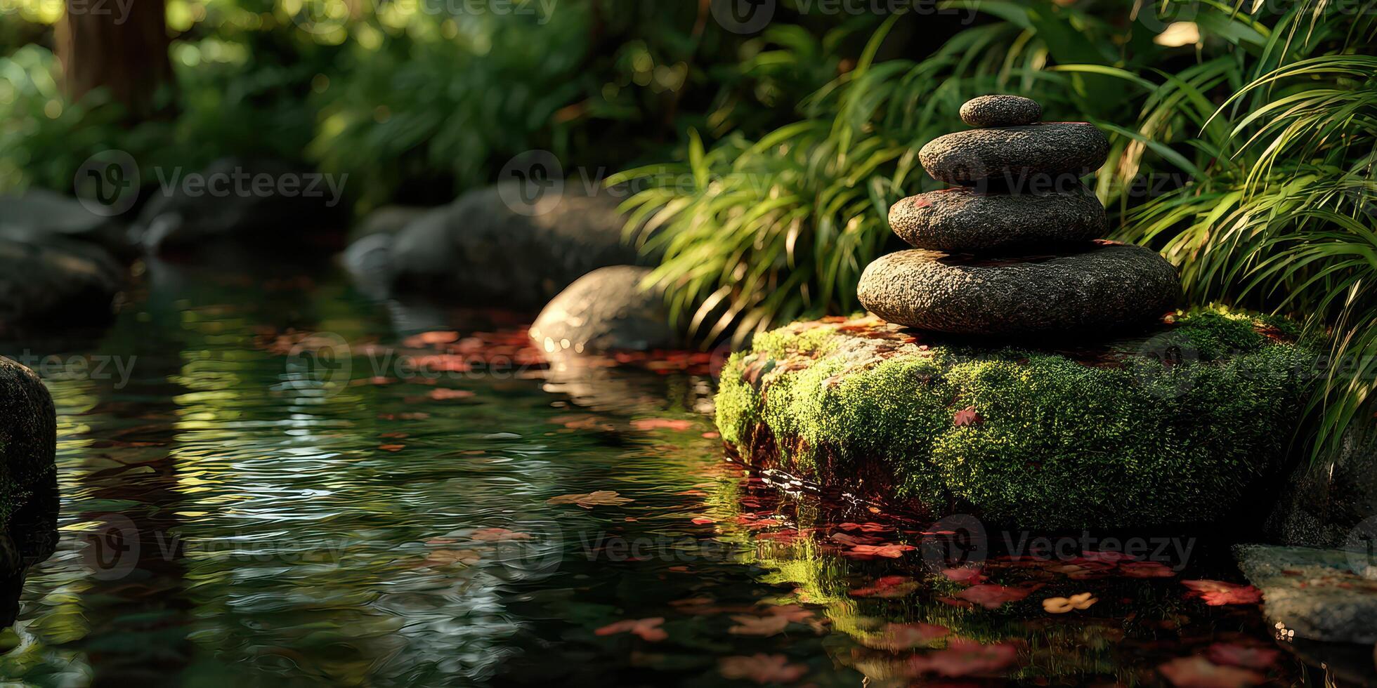 Serene stone arrangement by tranquil water in a natural garden setting during autumn afternoon photo