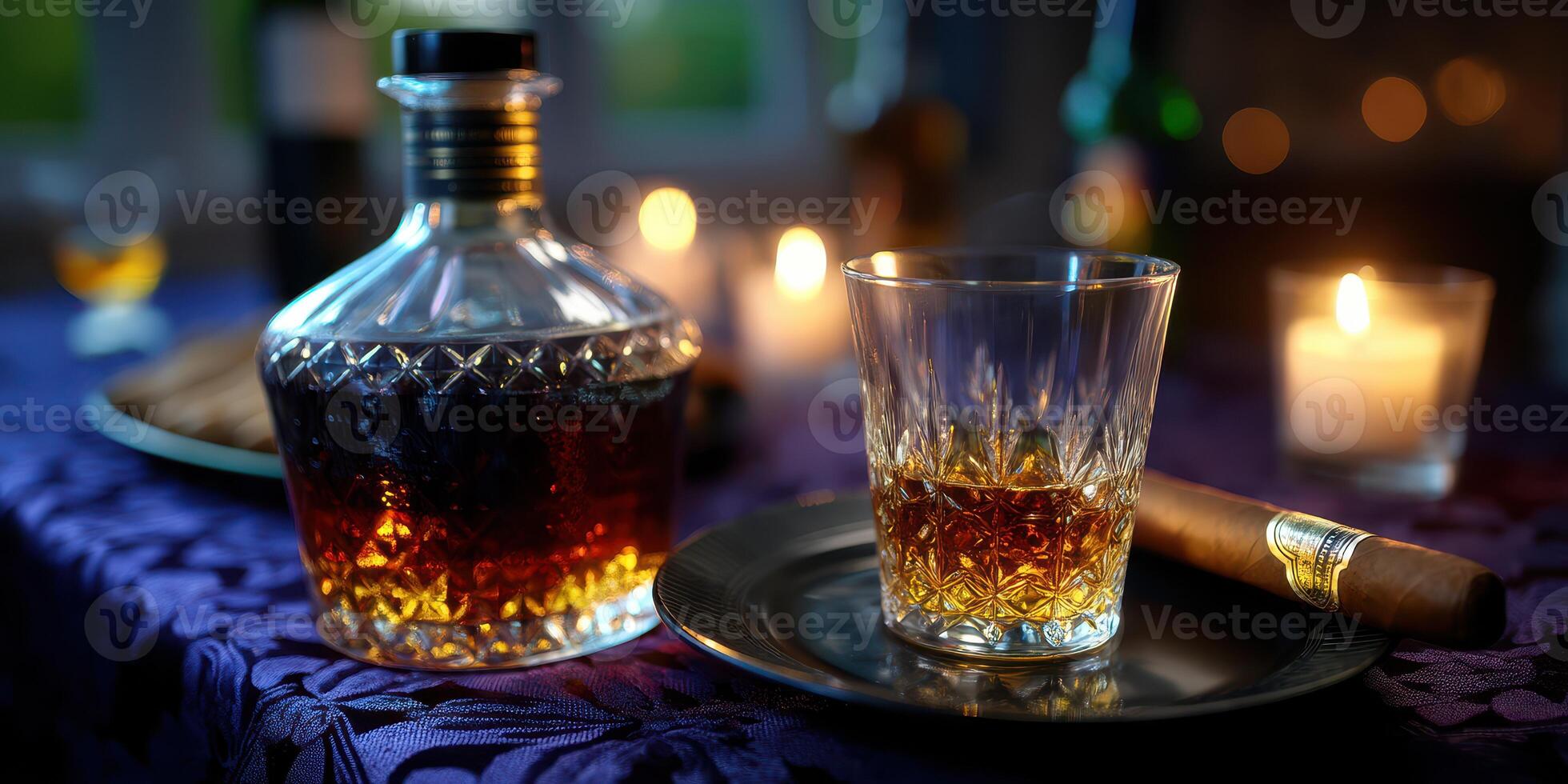 Elegant evening setting with whiskey, cigar, and candles on a table photo