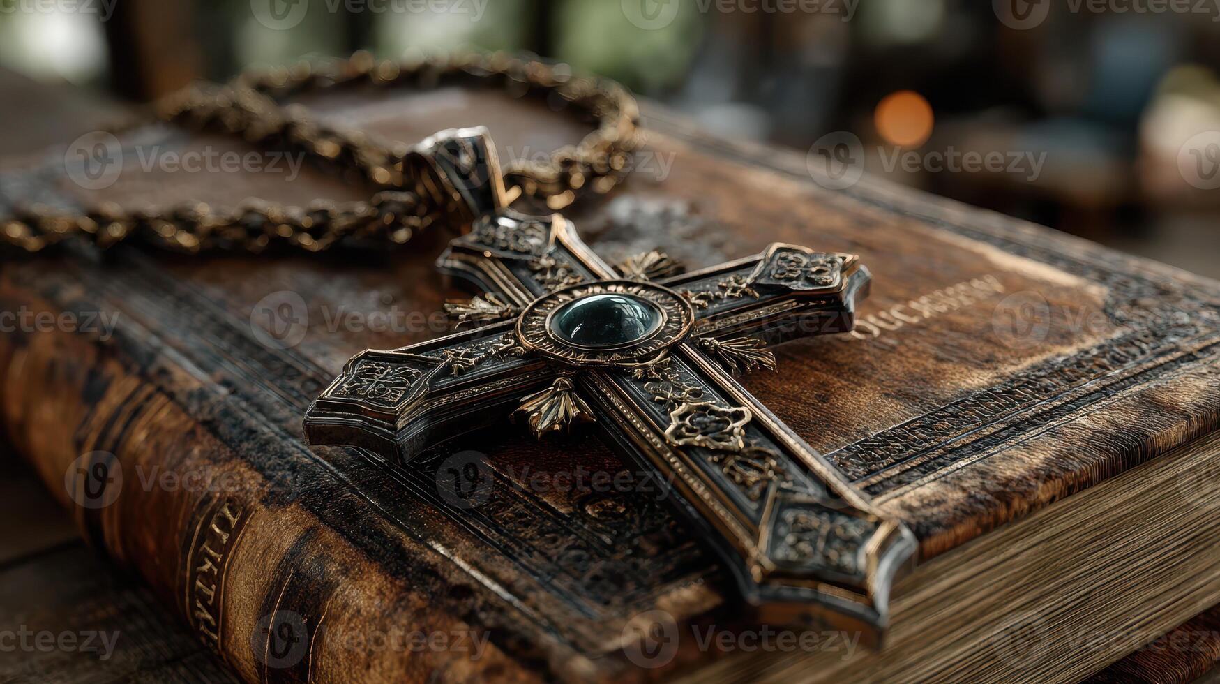 Intricate cross and antique book resting on a wooden table in a cozy, dimly lit setting photo