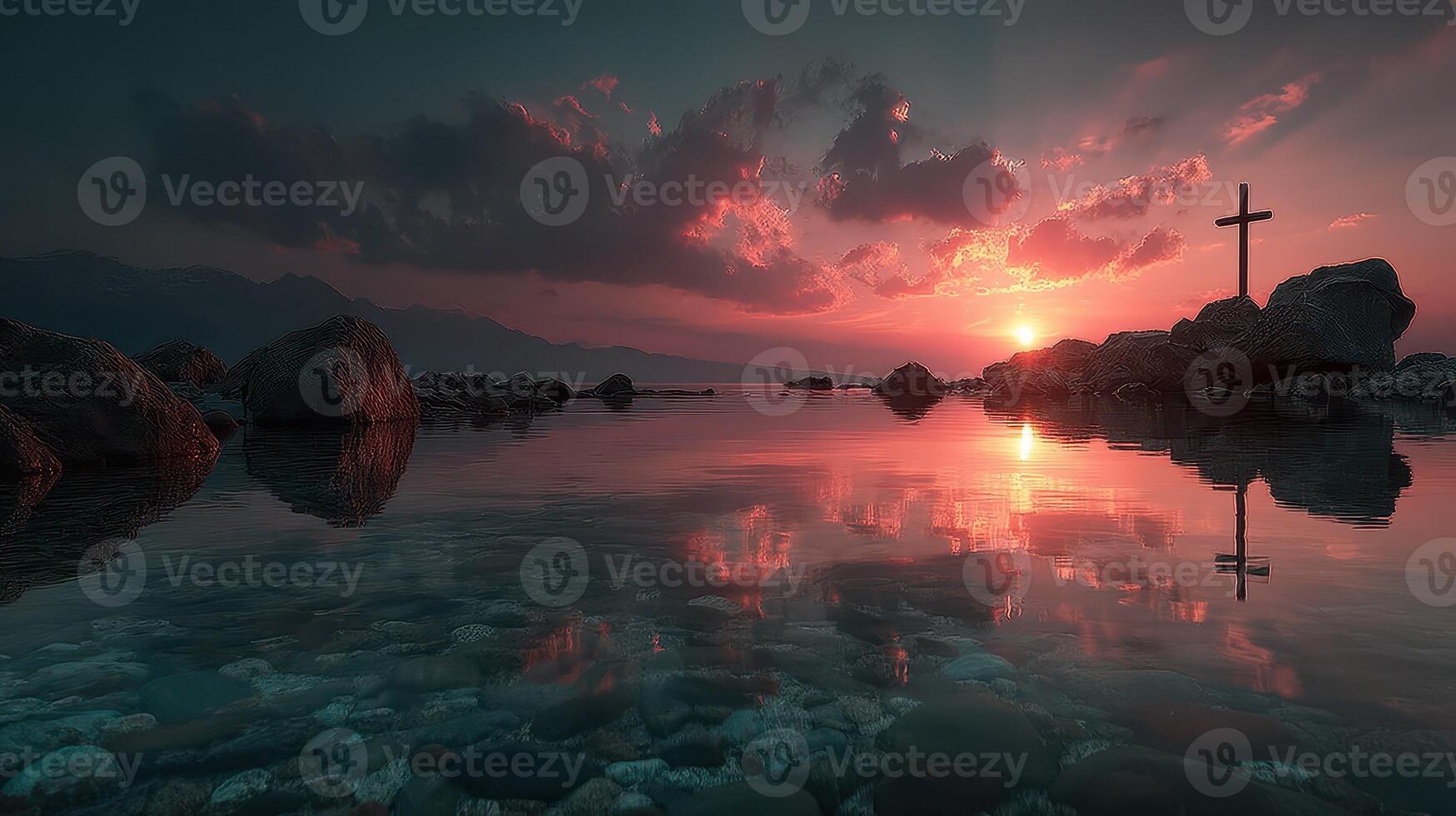 Sunset reflects on calm water with a cross on rocky shoreline, creating a serene atmosphere in nature photo