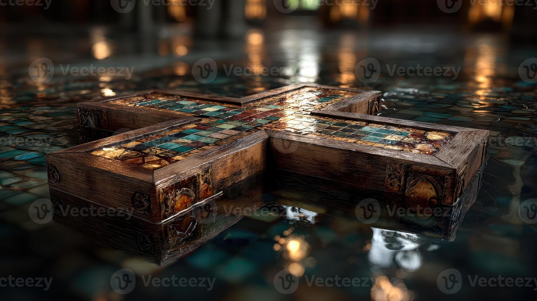 Intricate wooden cross with tile inlay rests on a reflective floor in a dimly lit historical space photo