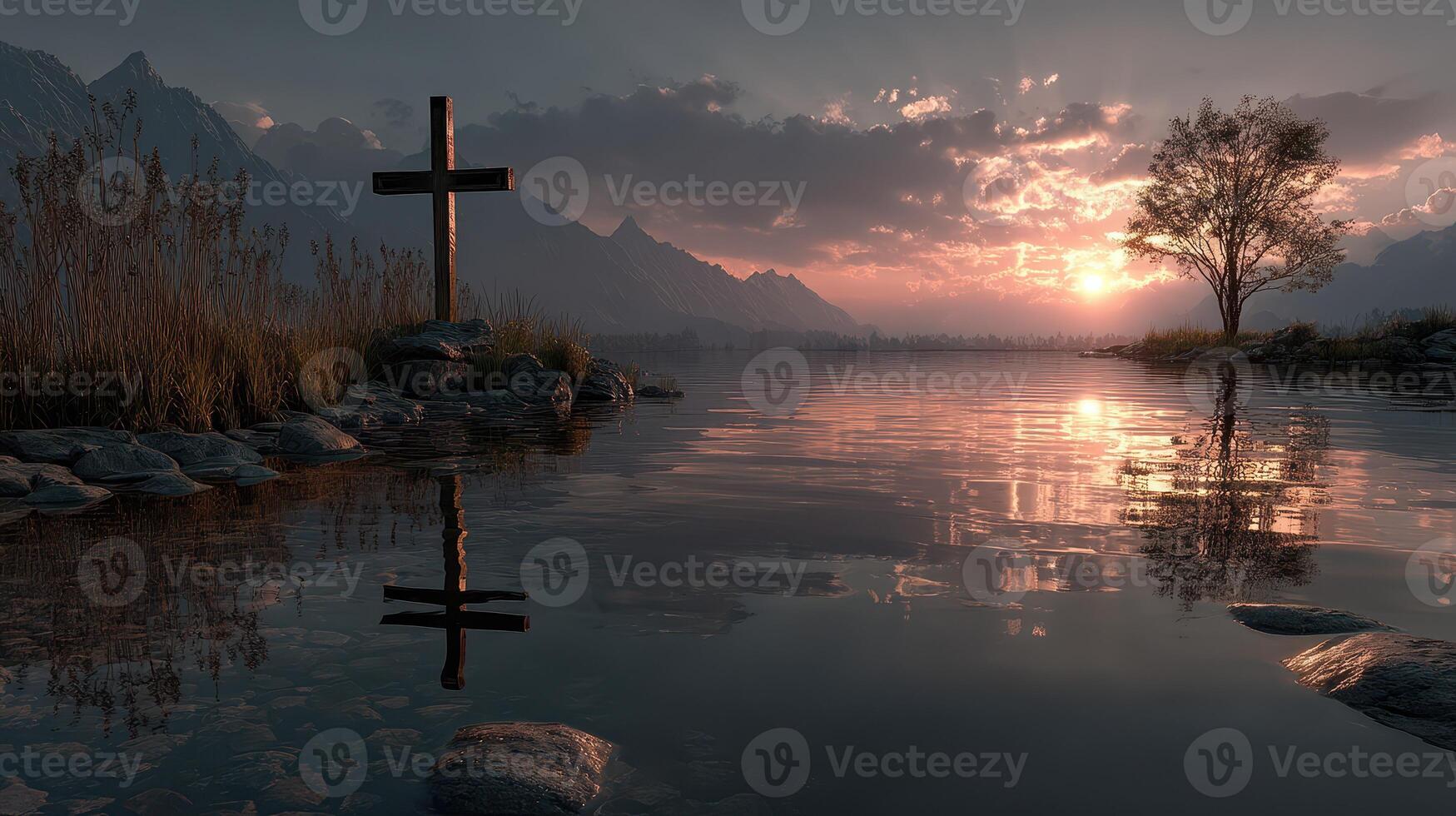 Scenic sunset with a cross beside a tranquil lake and a solitary tree in a mountainous landscape photo