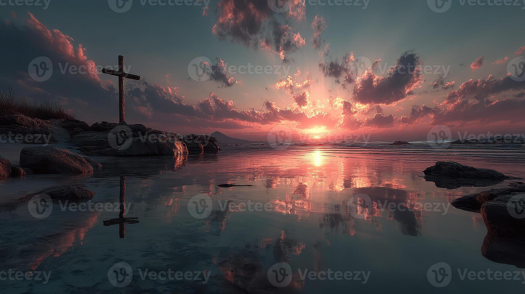 Beautiful sunset over coastal waters with a cross silhouette and dramatic clouds reflecting in the calm sea photo