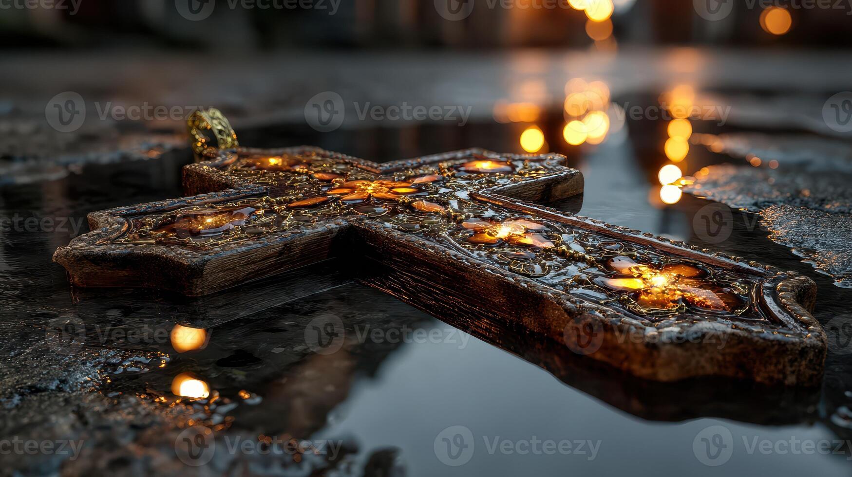 Decorative cross rests on wet pavement at dusk, reflecting light in a quiet urban setting photo