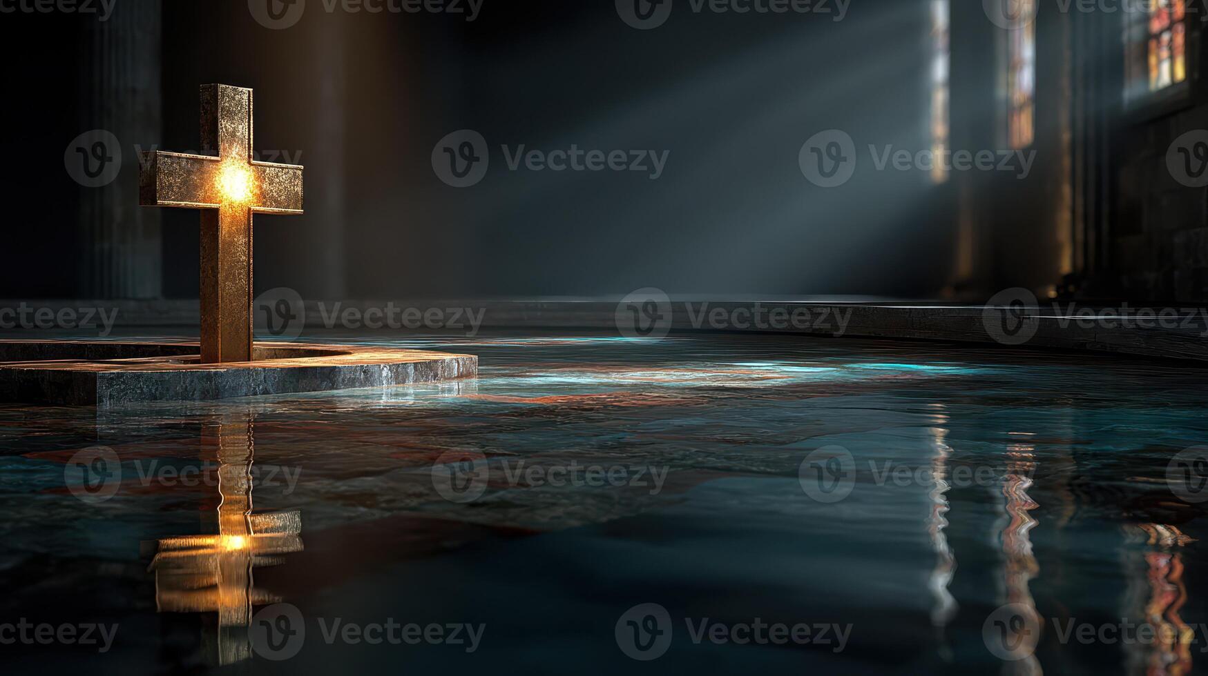Golden cross shining on water surface in a tranquil sacred space during afternoon light photo