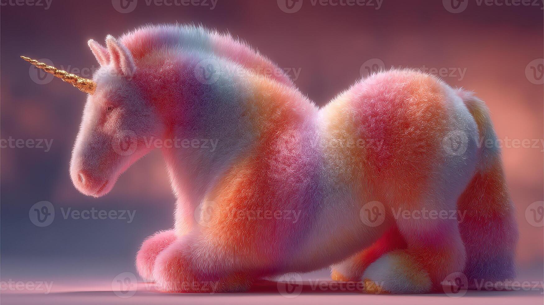 Colorful fluffy unicorn relaxing in a dreamy environment during twilight hours photo
