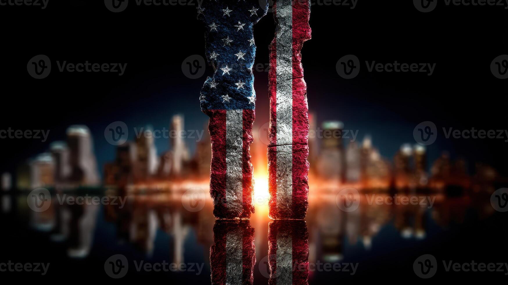 Artwork representing freedom and unity with American flag-themed pillars in an urban setting during sunset photo