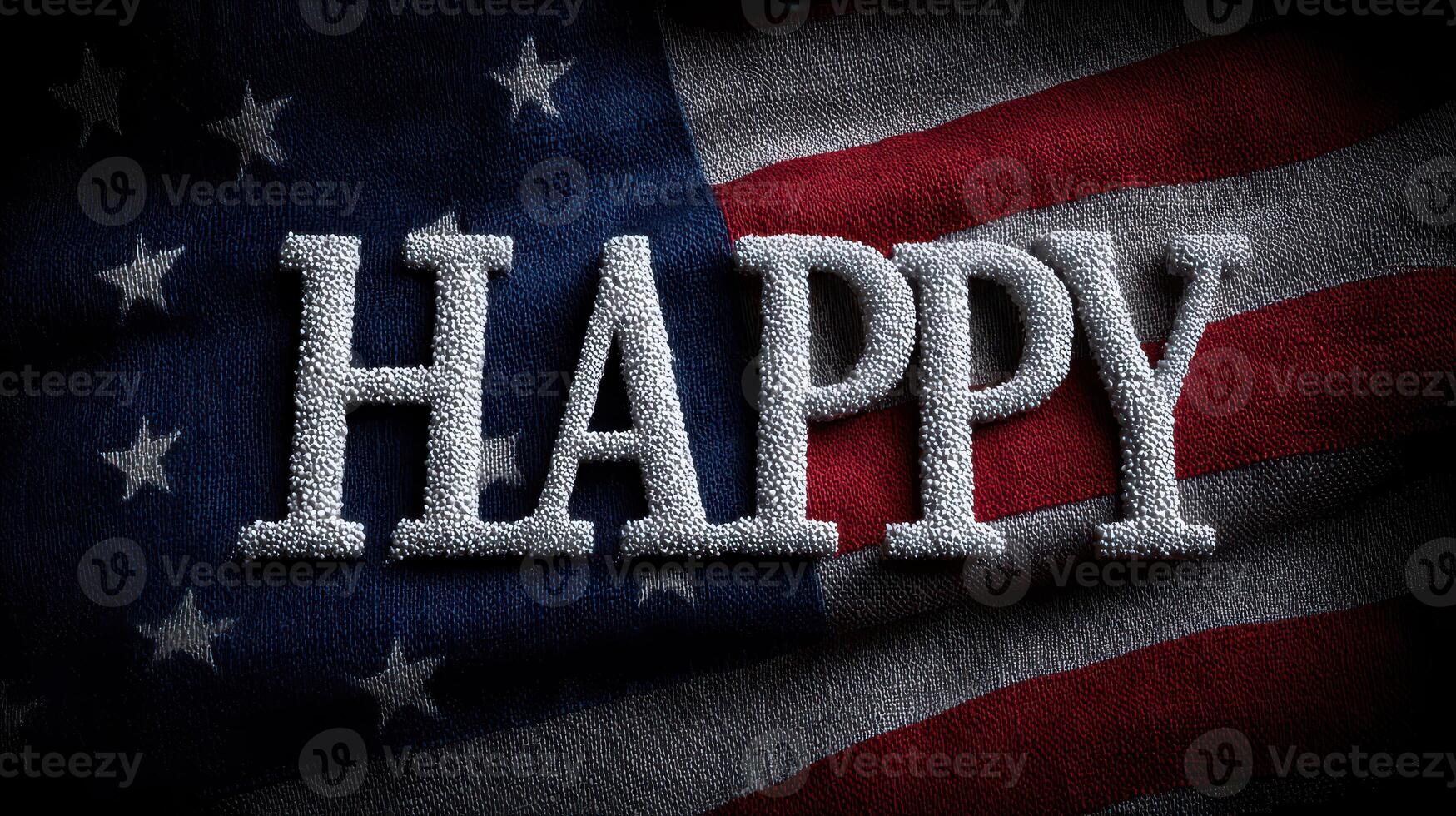 Text saying happy on a textured surface with an American flag background celebrating joy and patriotism during a holiday photo