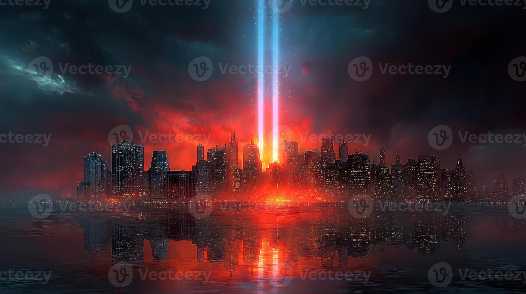 Striking skyline illuminated by twin beams during twilight over a city facing a dramatic, fiery ambiance photo