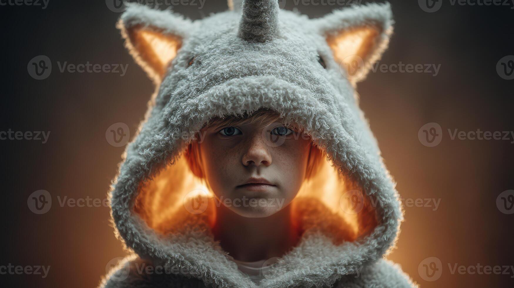 Child wears fluffy unicorn hoodie, glowing backdrop enhances magical atmosphere in cozy indoor setting photo