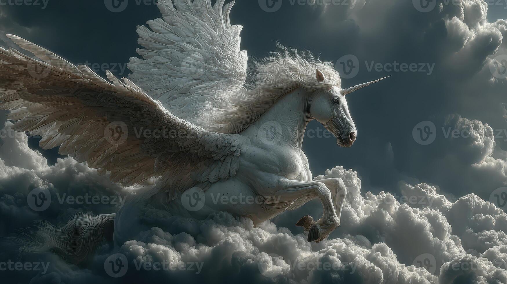 Majestic winged unicorn soaring through ethereal clouds at twilight photo