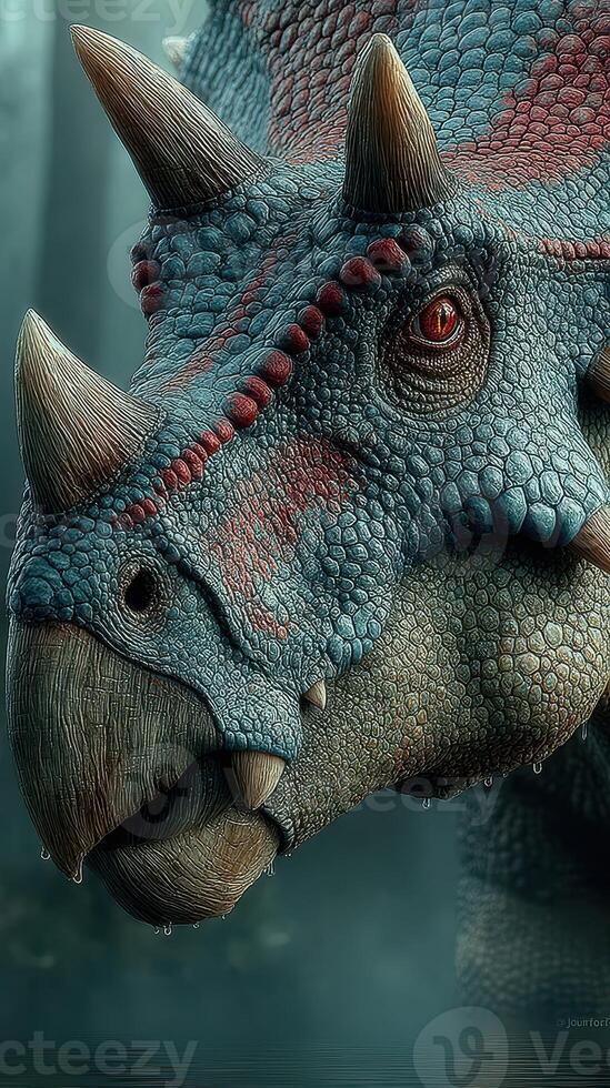 Close-up of a triceratops in a misty forest, showcasing its textured skin and prominent horns during a tranquil morning photo