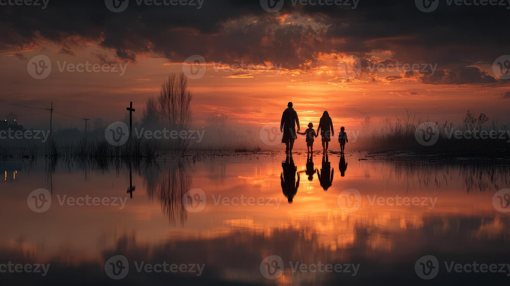 Family walks along a reflective lake at sunset, creating a serene and heartwarming moment in nature photo