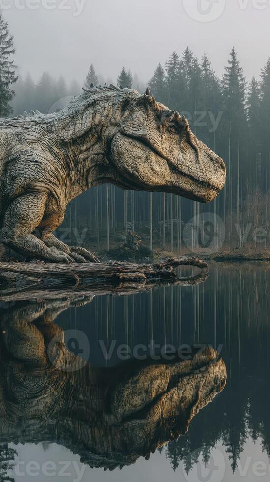 Large dinosaur sculpture rests calmly by a serene lake surrounded by towering trees in early morning mist photo
