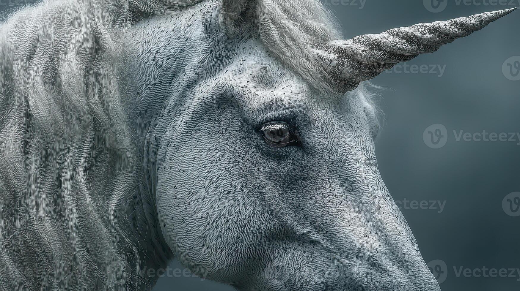 Unicorn with a majestic white mane and spiral horn captured in a serene gray atmosphere photo