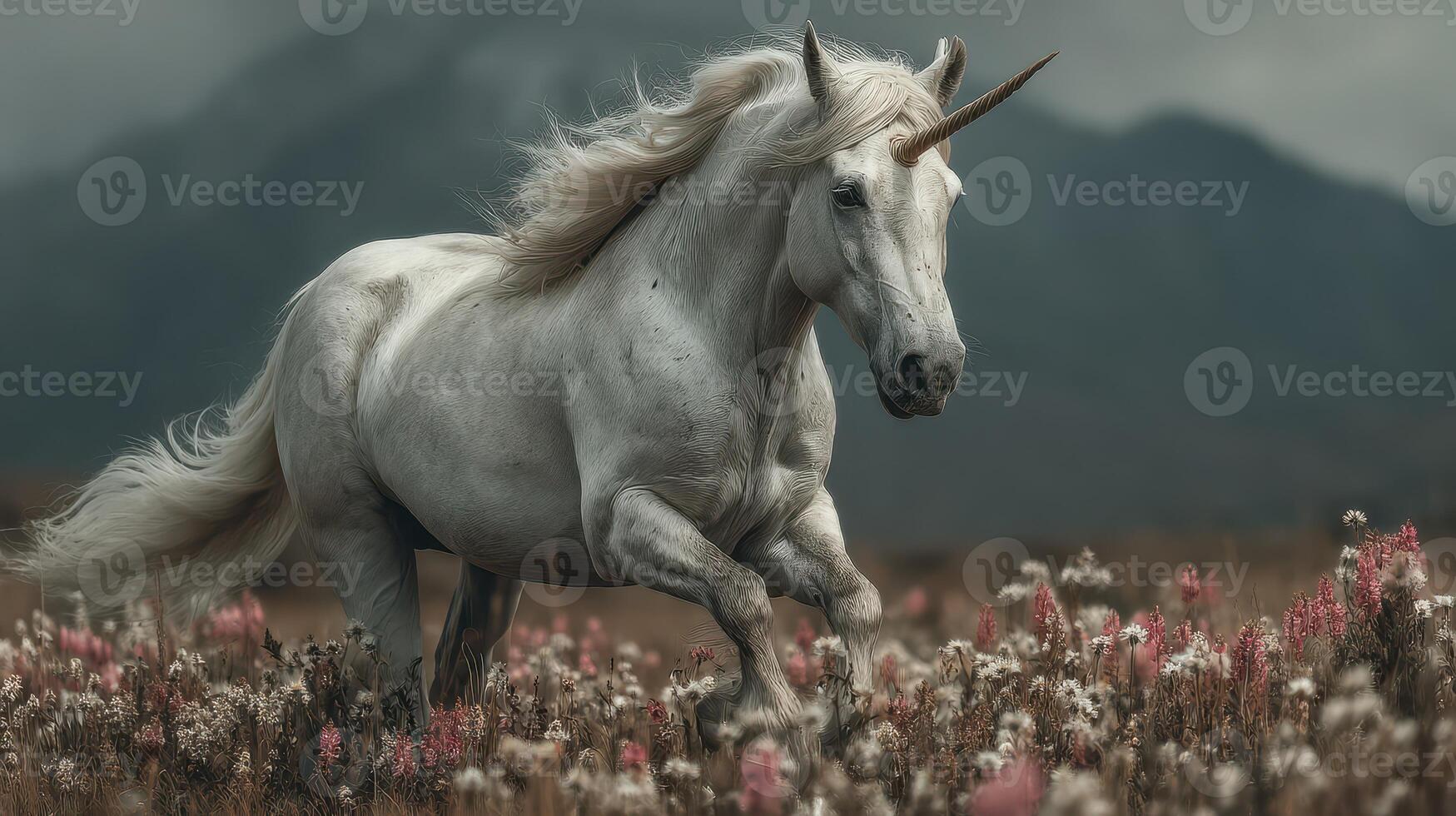Majestic unicorn running through a colorful flower field in the mountains during a cloudy afternoon photo