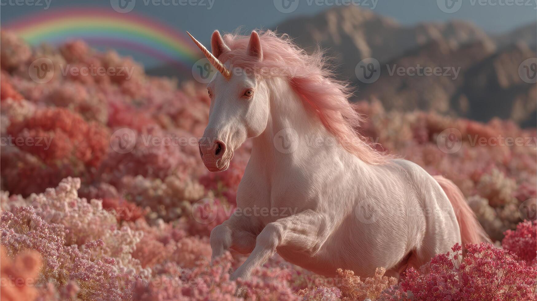 Unicorn leaps through vibrant floral meadows under a rainbow near majestic mountains at sunset photo