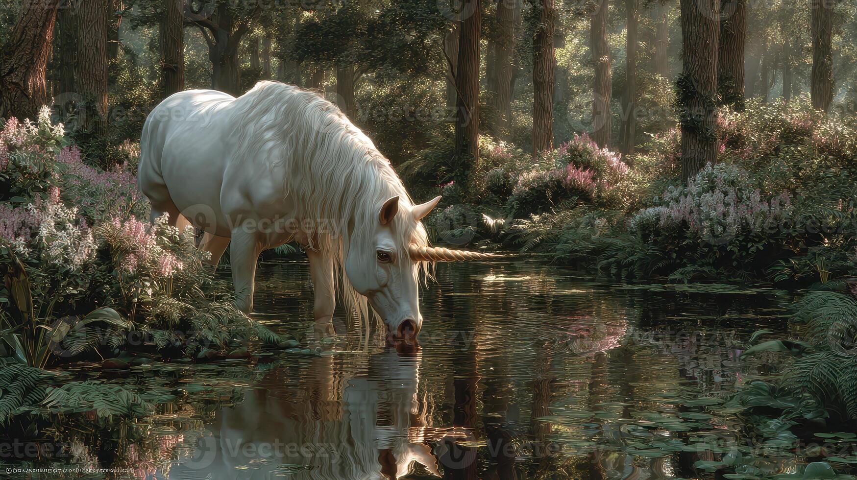 Majestic unicorn drinking from a serene forest pond surrounded by lush greenery and vibrant flowers in soft morning light photo