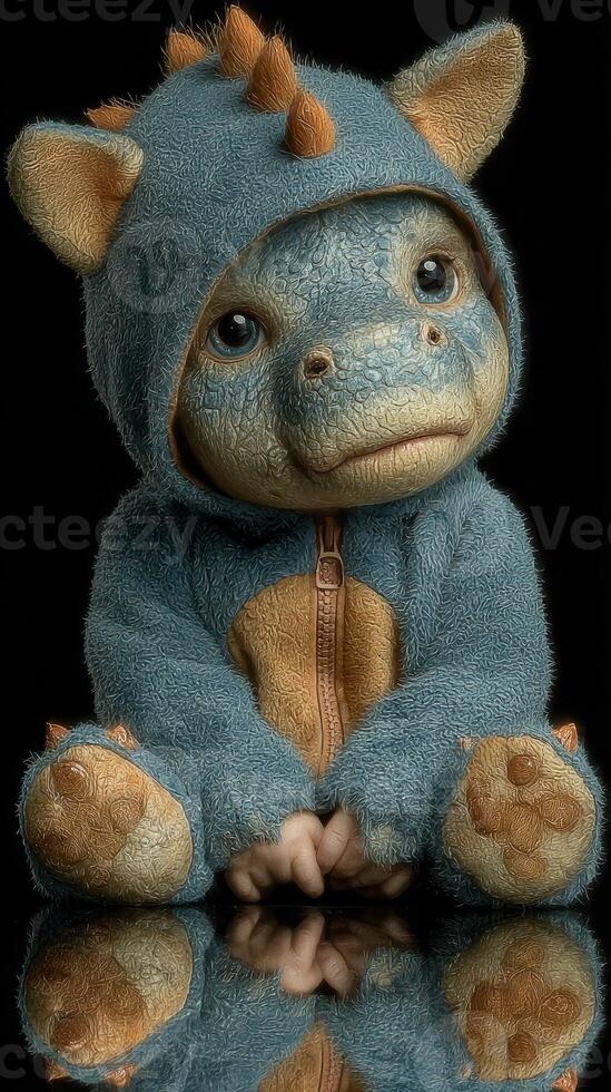 Cute creature in a blue hoodie with a playful expression, sitting on a reflective surface photo