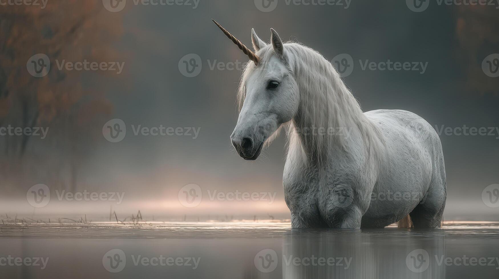 Majestic unicorn standing in serene misty water at dawn in a quiet forest setting photo