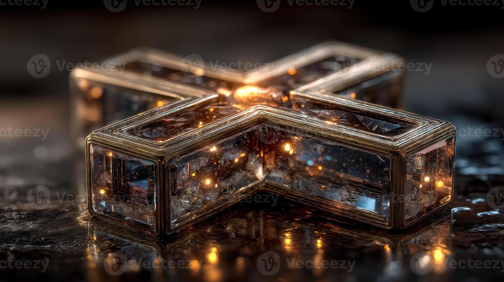 Intricate glass sculpture capturing light in an artistic display on a dark surface photo