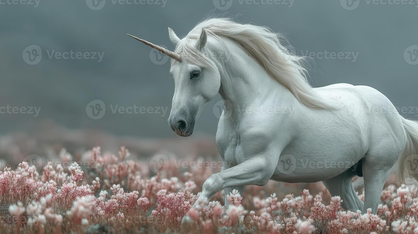 Majestic unicorn prances through a field of blooming flowers in soft morning light photo