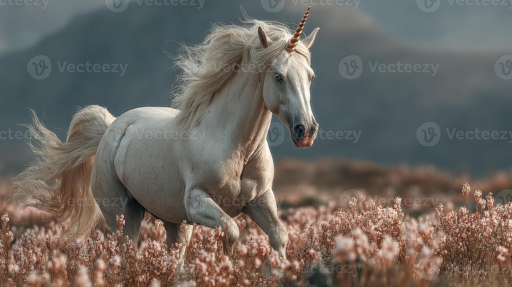 Majestic unicorn galloping through a vibrant meadow at sunset, showcasing ethereal beauty and enchanting atmosphere photo