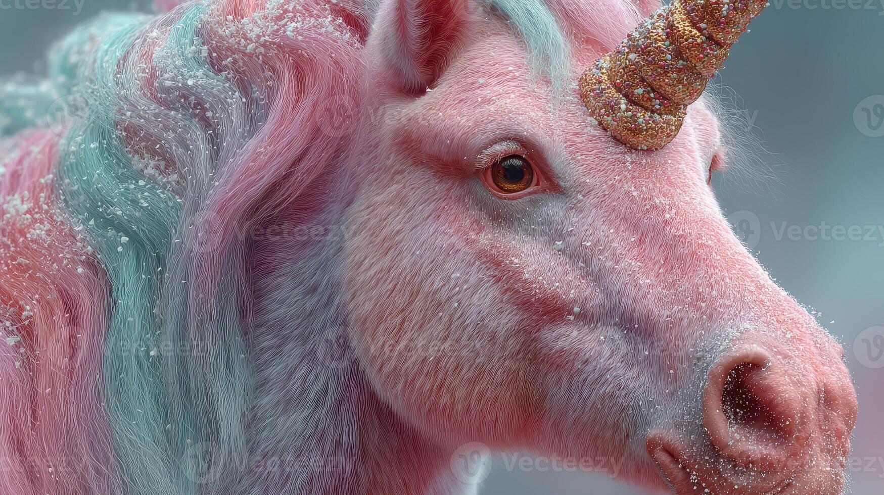 Vibrant unicorn in a wintery landscape with sparkling snow and colorful mane photo