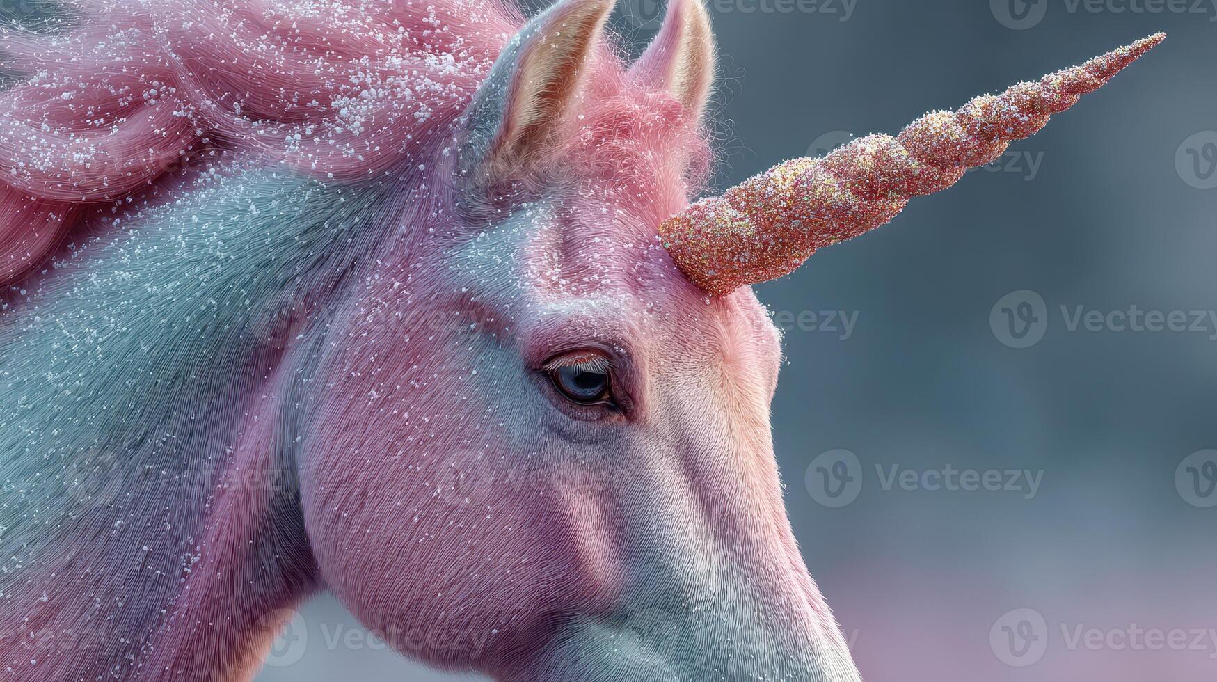 Magical unicorn with shimmering coat and spiral horn captured in a dreamy forest setting during twilight hours photo