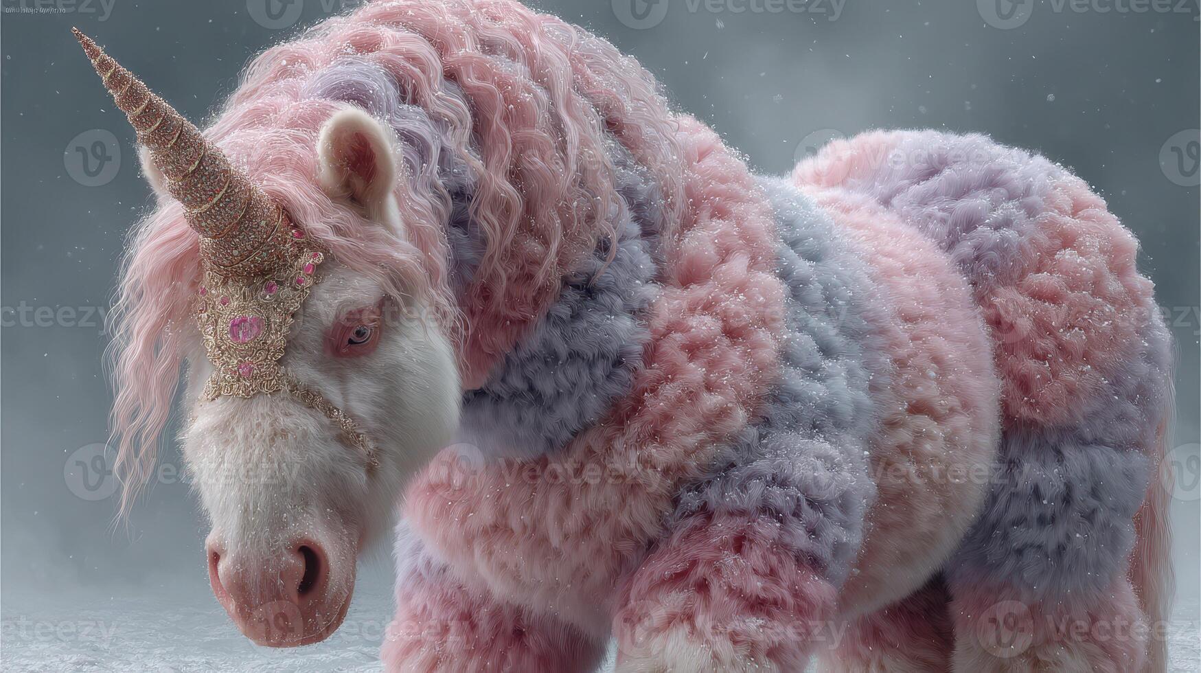 Colorful unicorn stands in a snowy landscape with soft, fluffy fur and a shimmering horn surrounded by gentle snowfall photo
