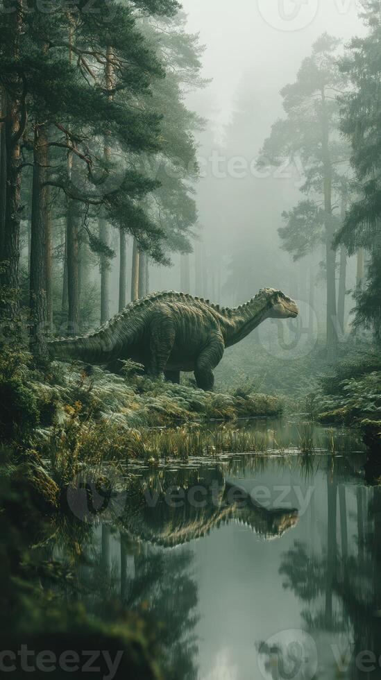 Majestic dinosaur roaming in a misty forest by a tranquil lake during early morning hours photo