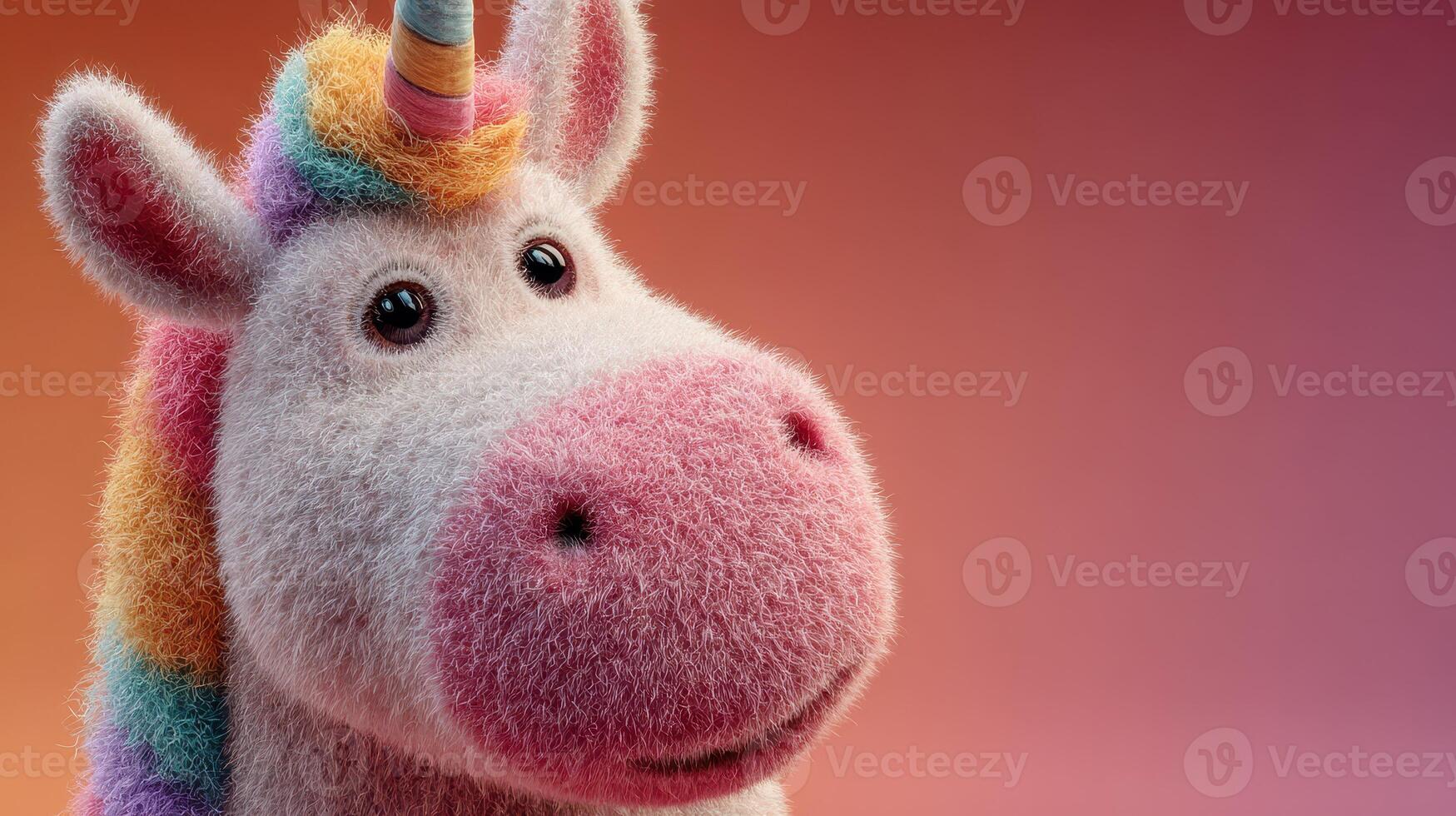 Colorful unicorn plush toy with a whimsical expression against a gradient background photo