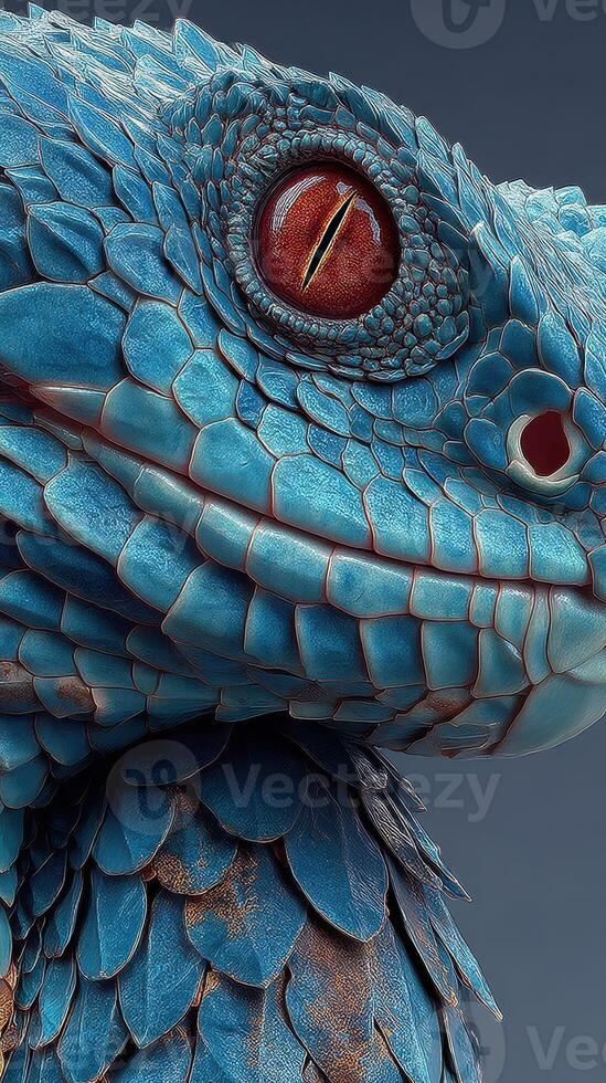 Bright blue lizard with intricate scales and vivid red eye in close-up view photo