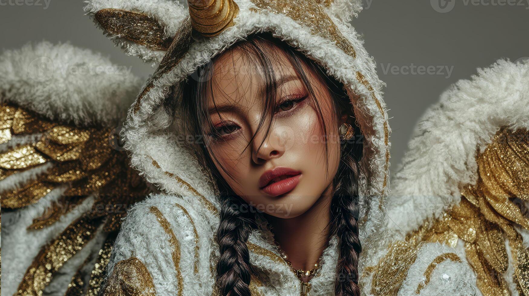 Stunning model showcases unique unicorn hoodie design with golden accents and intricate details indoors photo