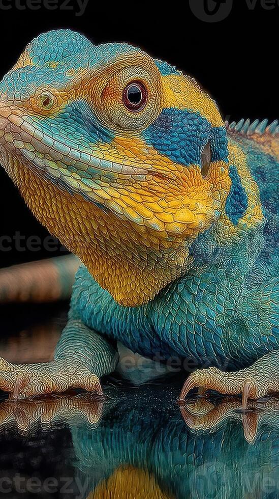 Colorful lizard resting on a reflective surface in a dark environment highlighting its vibrant features photo