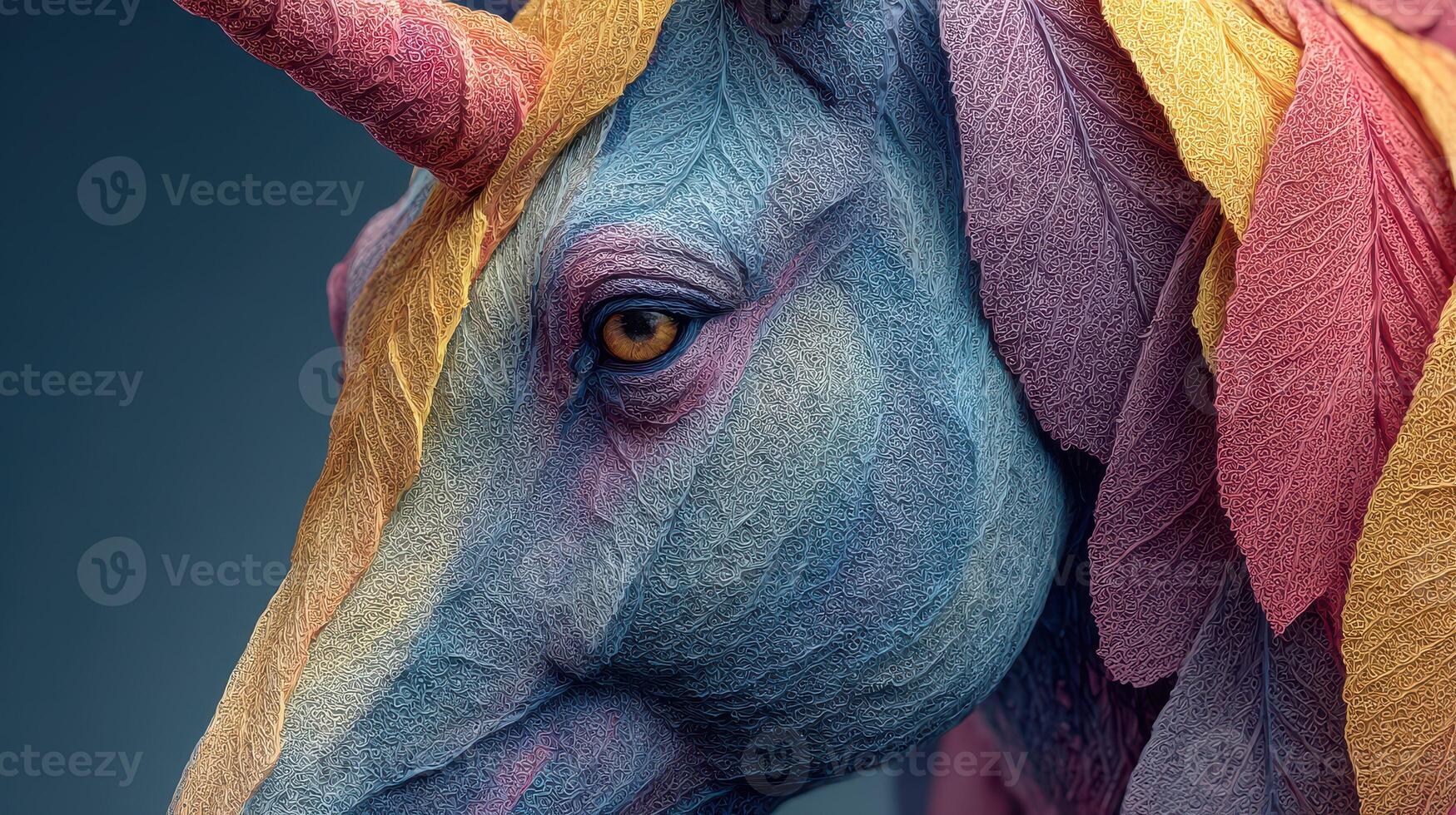 Colorful unicorn adorned with vibrant leaf patterns in a close-up view photo