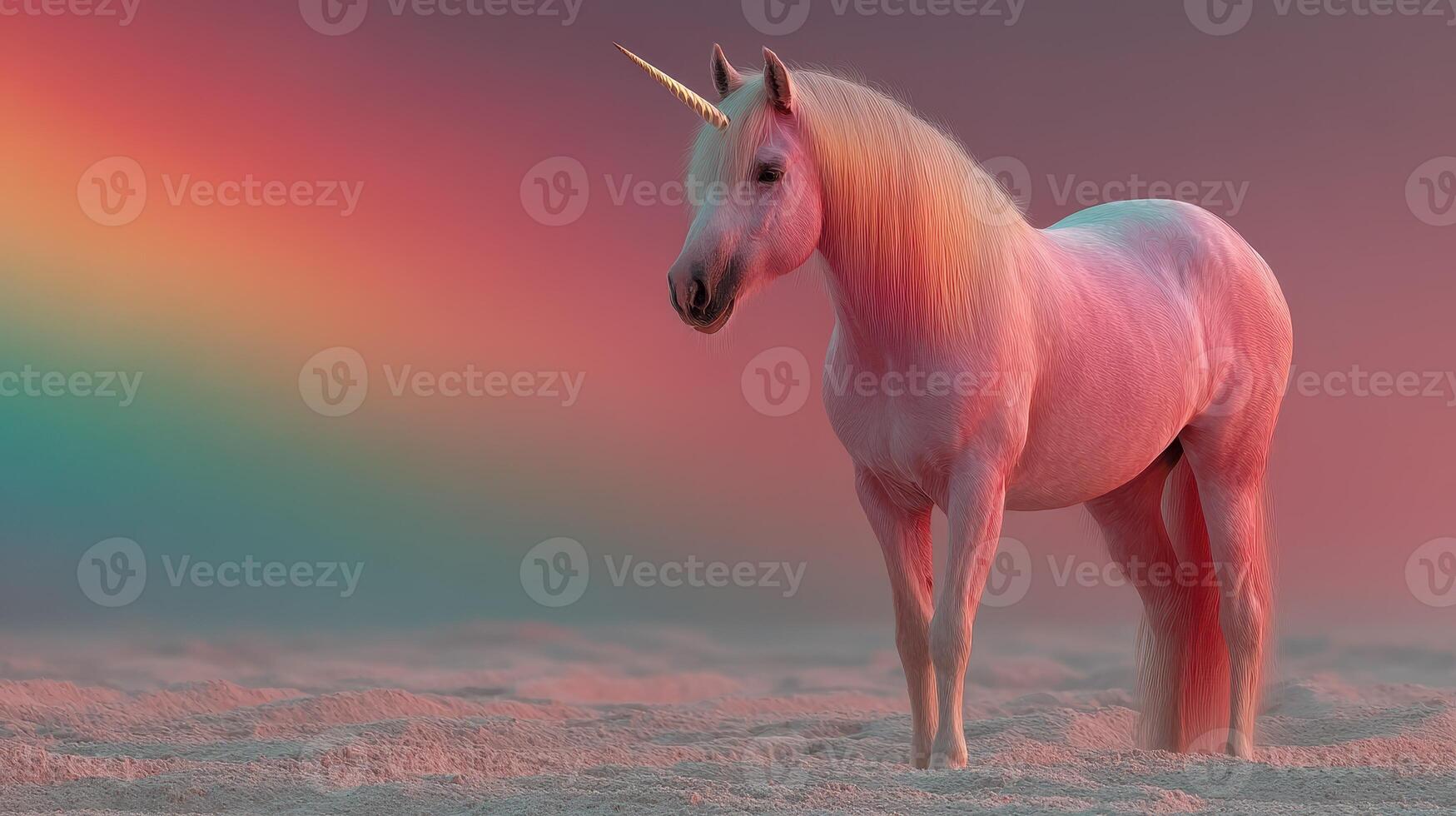Majestic unicorn standing on pastel sand with a rainbow background during a serene twilight setting photo