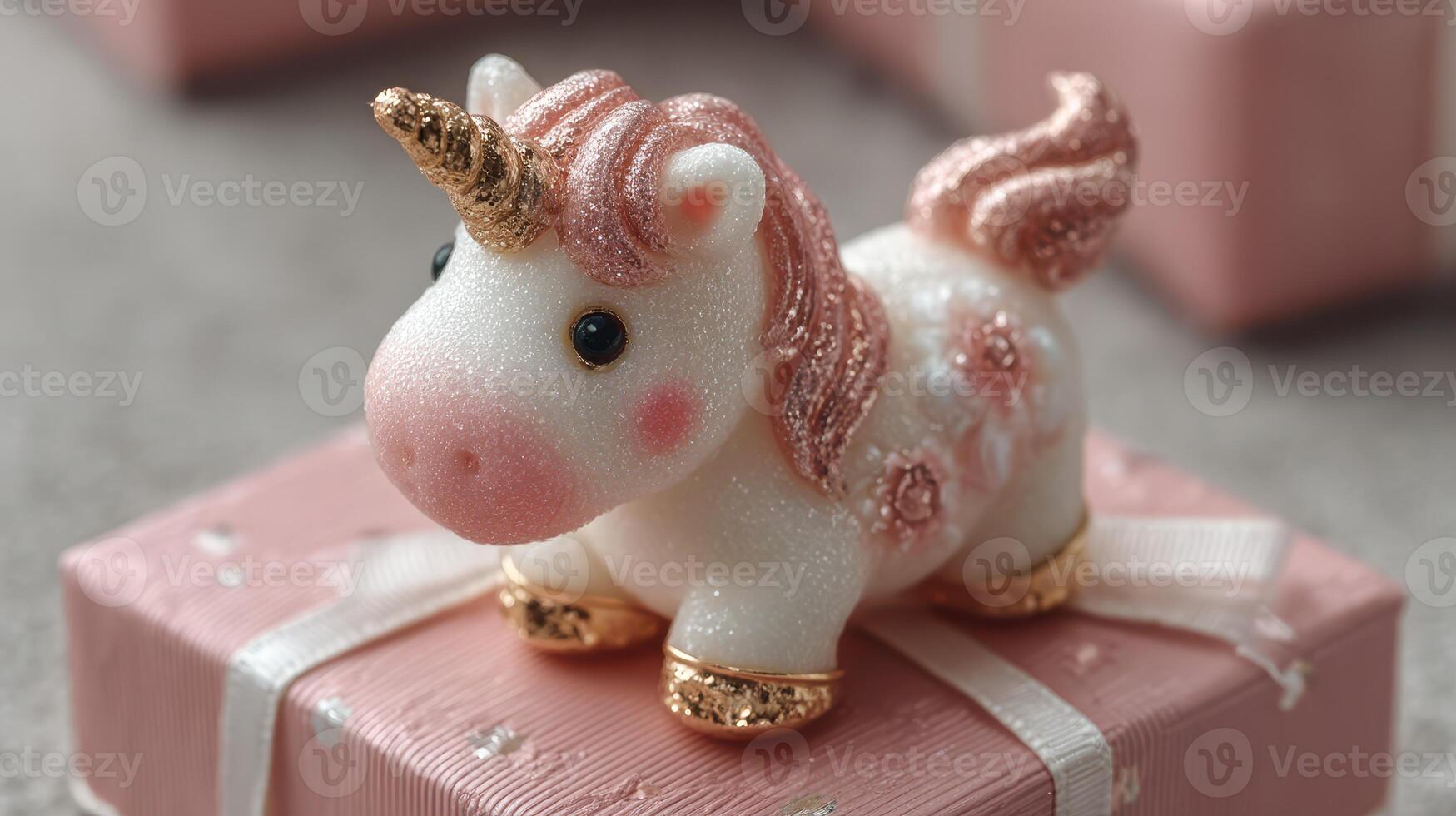 Cute unicorn figurine on a pink gift box for a birthday celebration in a cozy indoor setting photo