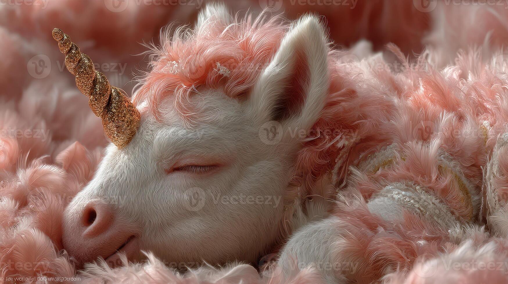 Sleepy baby unicorn resting on fluffy pink clouds in a magical setting during a serene afternoon photo