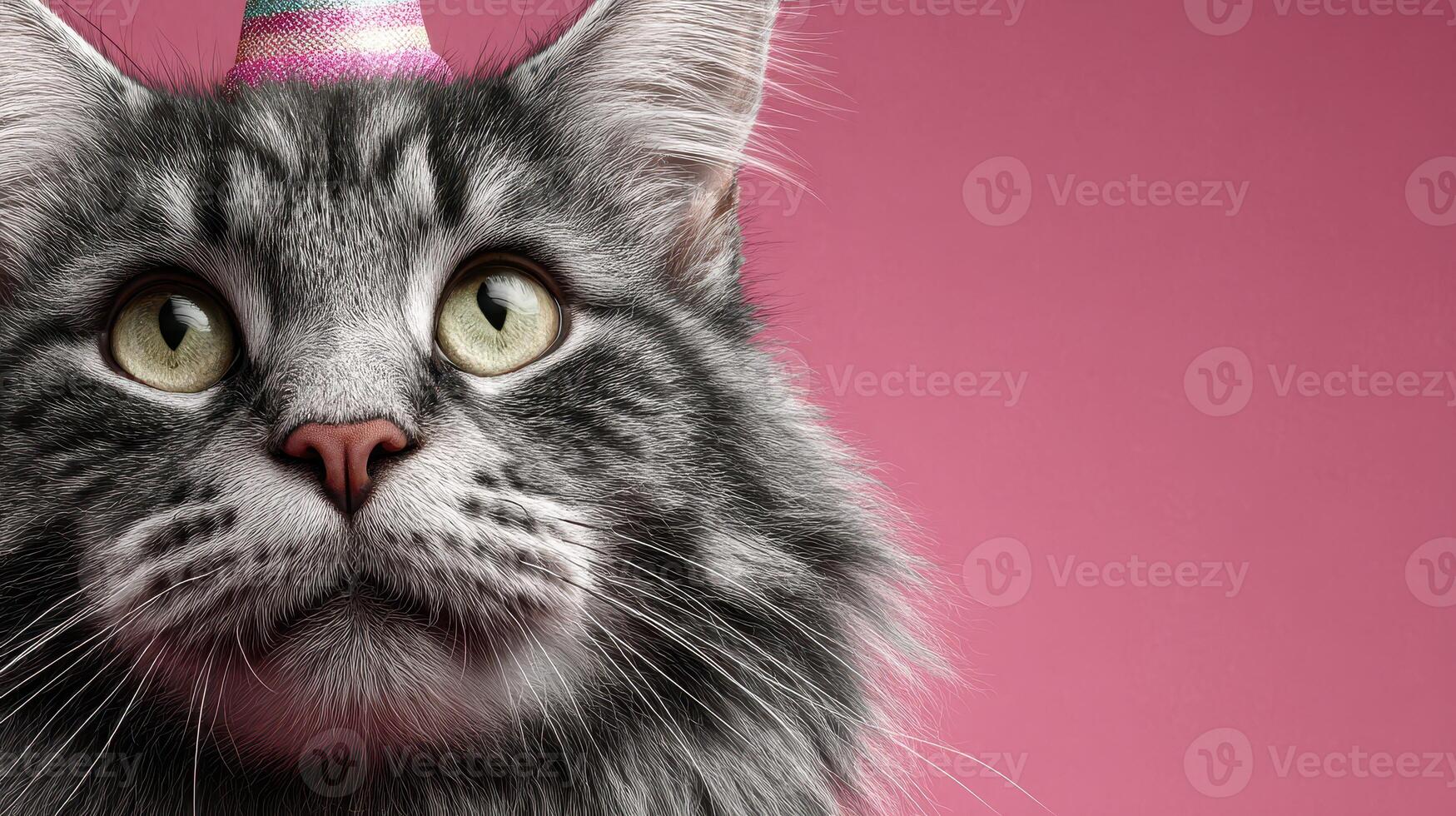 Gray tabby cat wearing a party hat against a pink background celebrating a special occasion with playful expressions photo
