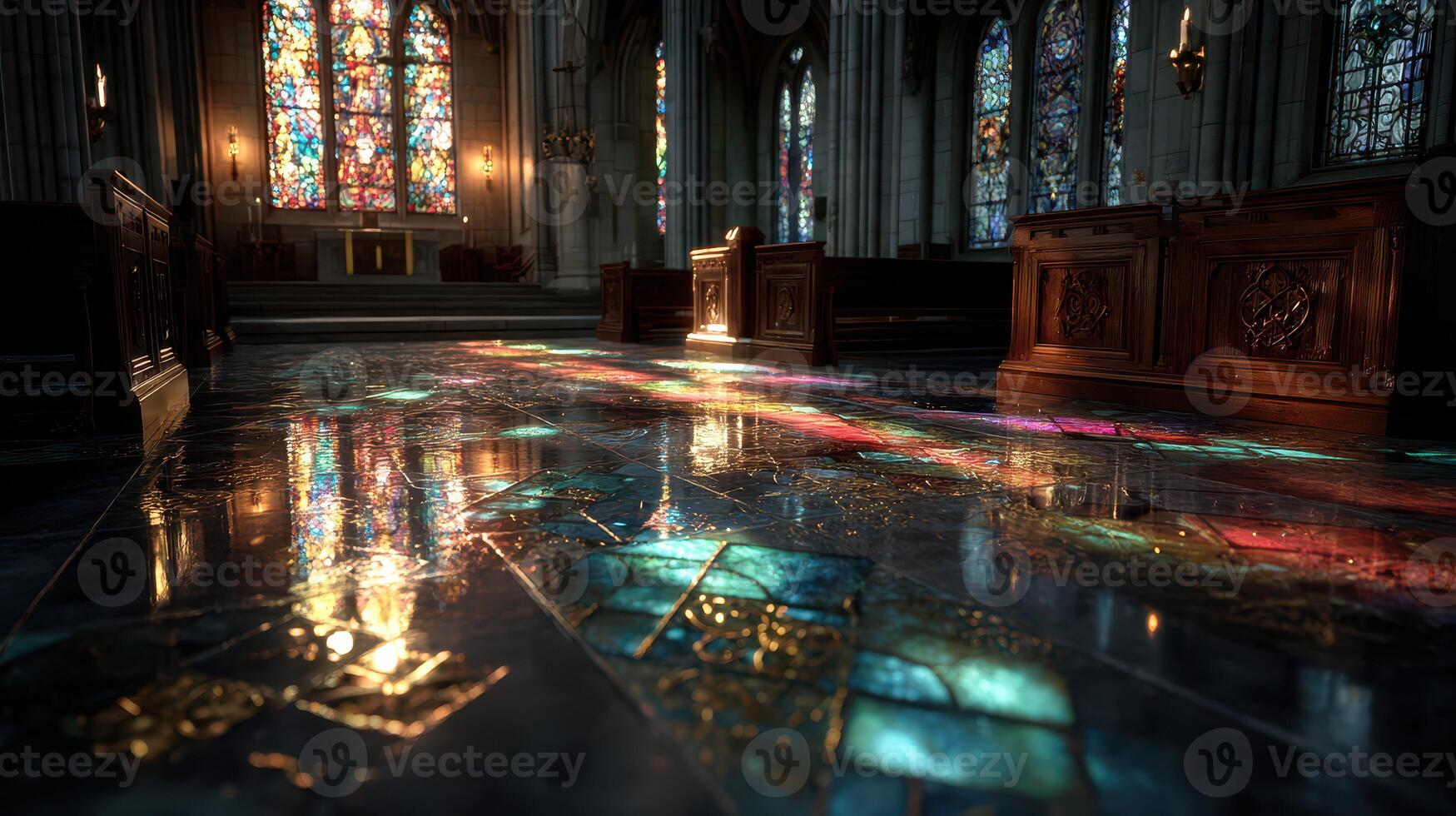 Stunning reflections of stained glass light on a polished stone floor in a historic cathedral during the afternoon photo