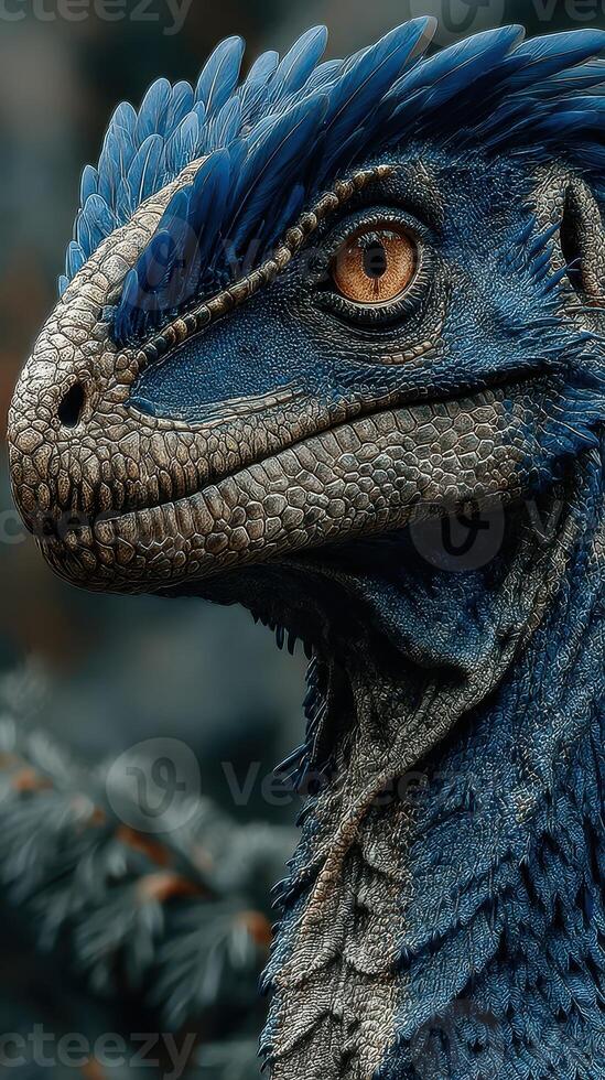 Detailed close-up of a blue feathered dinosaur in a forest setting during daylight hours photo