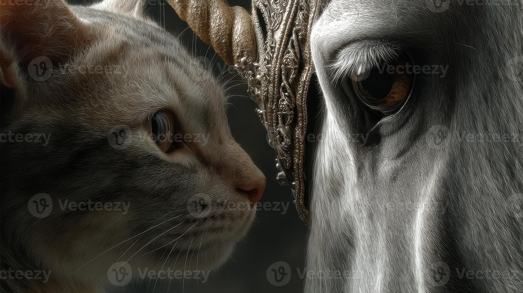 Unique encounter between a cat and a unicorn in a whimsical fantasy setting with intricate details photo