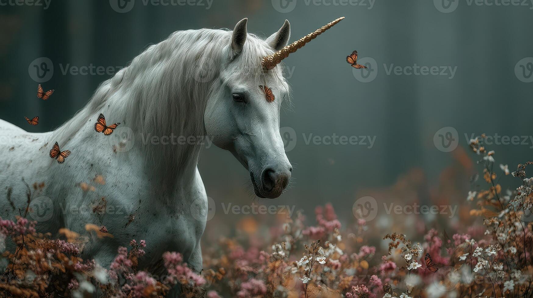 Majestic unicorn in a serene forest surrounded by colorful butterflies and blooming flowers at dawn photo