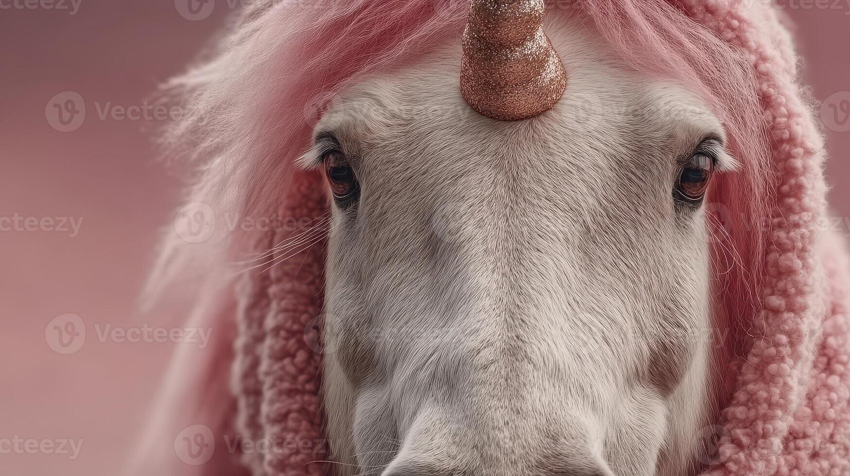 Unique unicorn with pink mane and horn posed against a pastel background in a whimsical setting photo